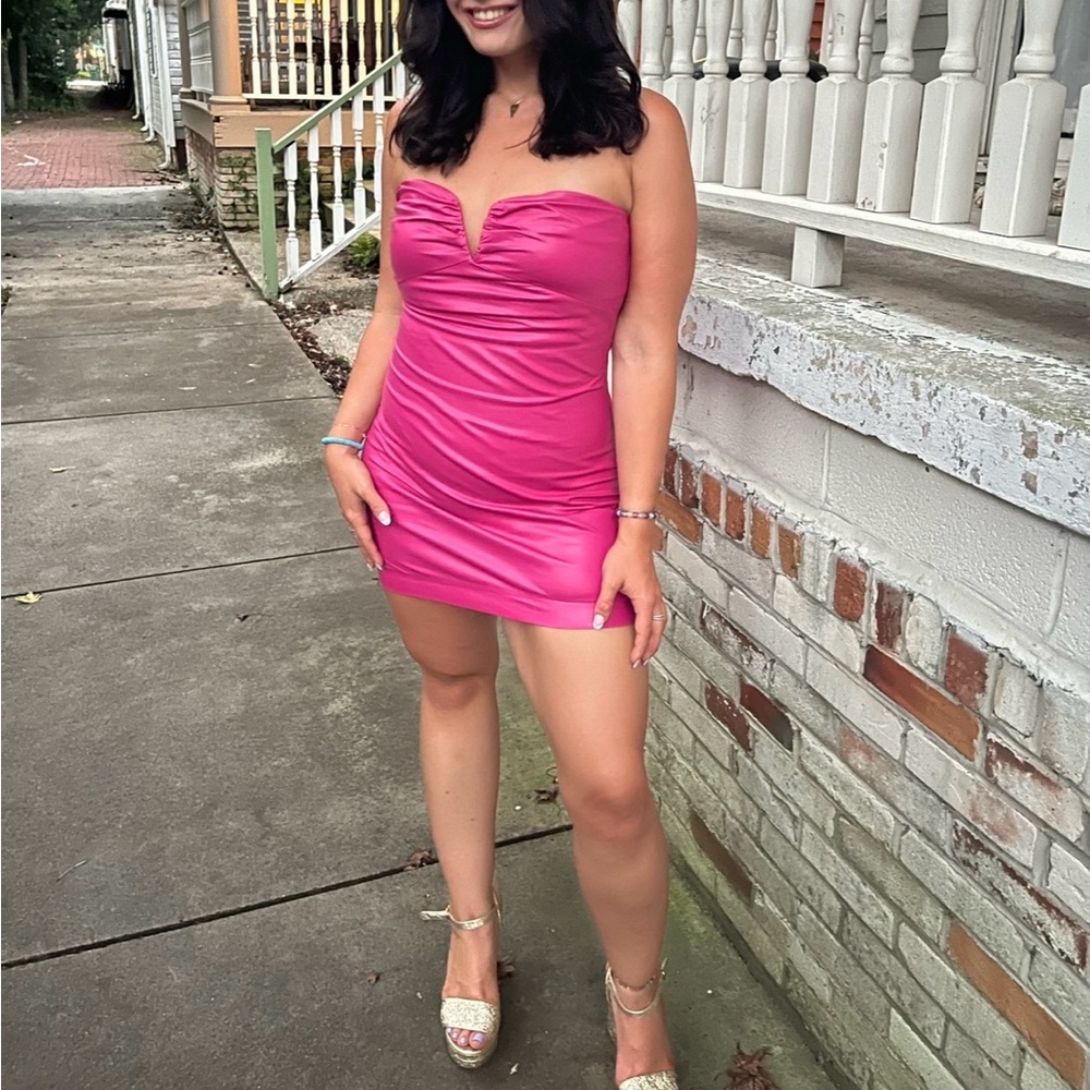 Pink Leather Strapless Fitted Dress